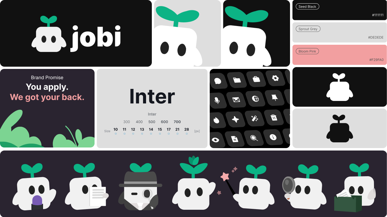 The identity on one sheet: the sprout wordmark, a three-colour palette, Inter, the icon set, and the mascot in its working poses.