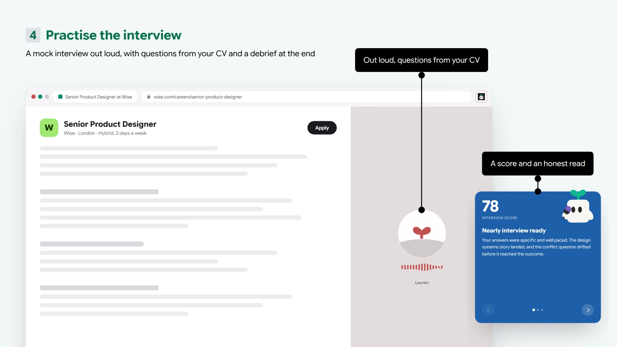 Step four, Practise the interview, labelled in the graphic: a mock interview out loud, with questions drawn from your CV and a debrief at the end. The interviewer, Lauren, speaks while a waveform moves beneath her, and the debrief scores the run 78, nearly interview ready, noting specific, well-paced answers and a conflict question that drifted before reaching its outcome.