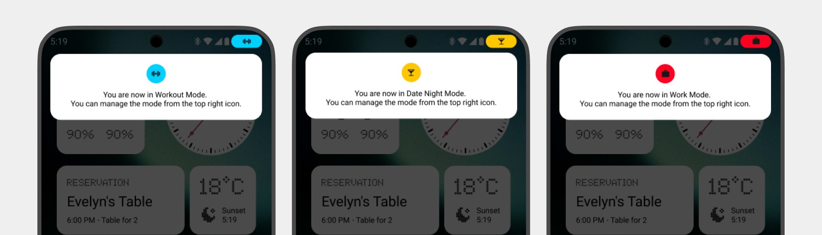 The status pill across three contexts: Workout Mode in blue, Date Night Mode in yellow and Work Mode in red, each confirming that the mode can be managed from the top right icon.