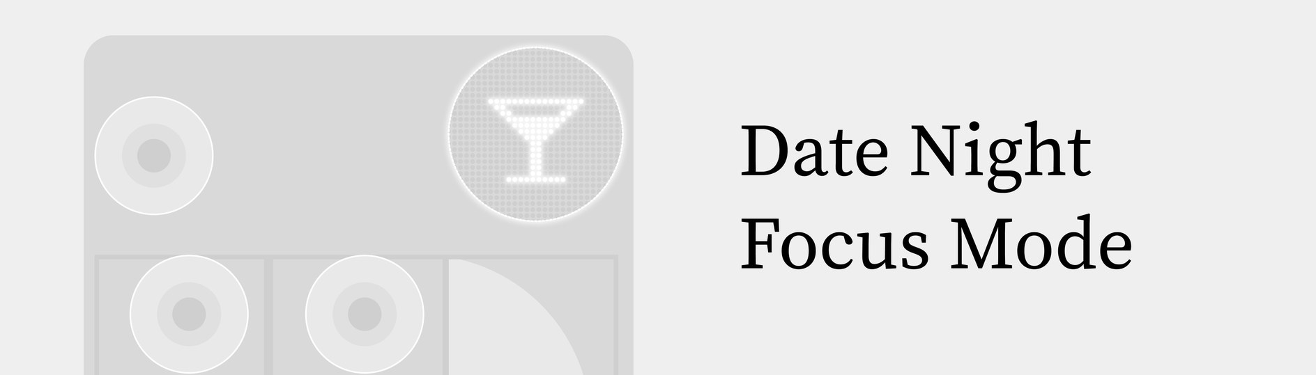 The Glyph Matrix on the back of the phone lit with a cocktail glass icon, captioned Date Night Focus Mode.
