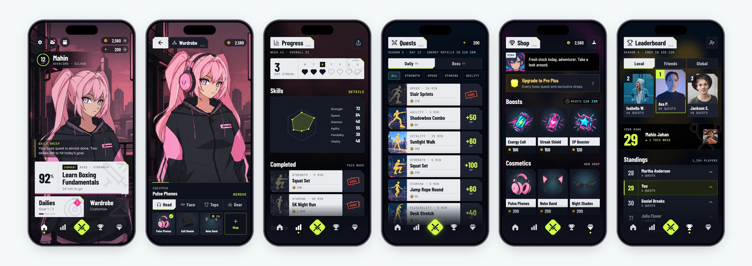 Six Quest Up screens in the app&rsquo;s neon anime style. Home: the player&rsquo;s avatar, level, coins and energy, a daily brief, the current boss quest at 92% and shortcuts to Dailies and the Wardrobe. Wardrobe: the avatar wearing the equipped Pulse Phones, with head, face, tops and gear tabs. Progress: a three-day streak and a skills chart for strength, speed, stamina, agility, flexibility and vitality, above the quests completed this week. Quests: season three&rsquo;s daily and boss quests, filtered by skill, each with its time and XP. Shop: a Pro Plus upgrade, boosts such as an energy cell, streak shield and XP booster, and new cosmetics. Leaderboard: local, friends and global rankings with the top three and the player&rsquo;s own rank.