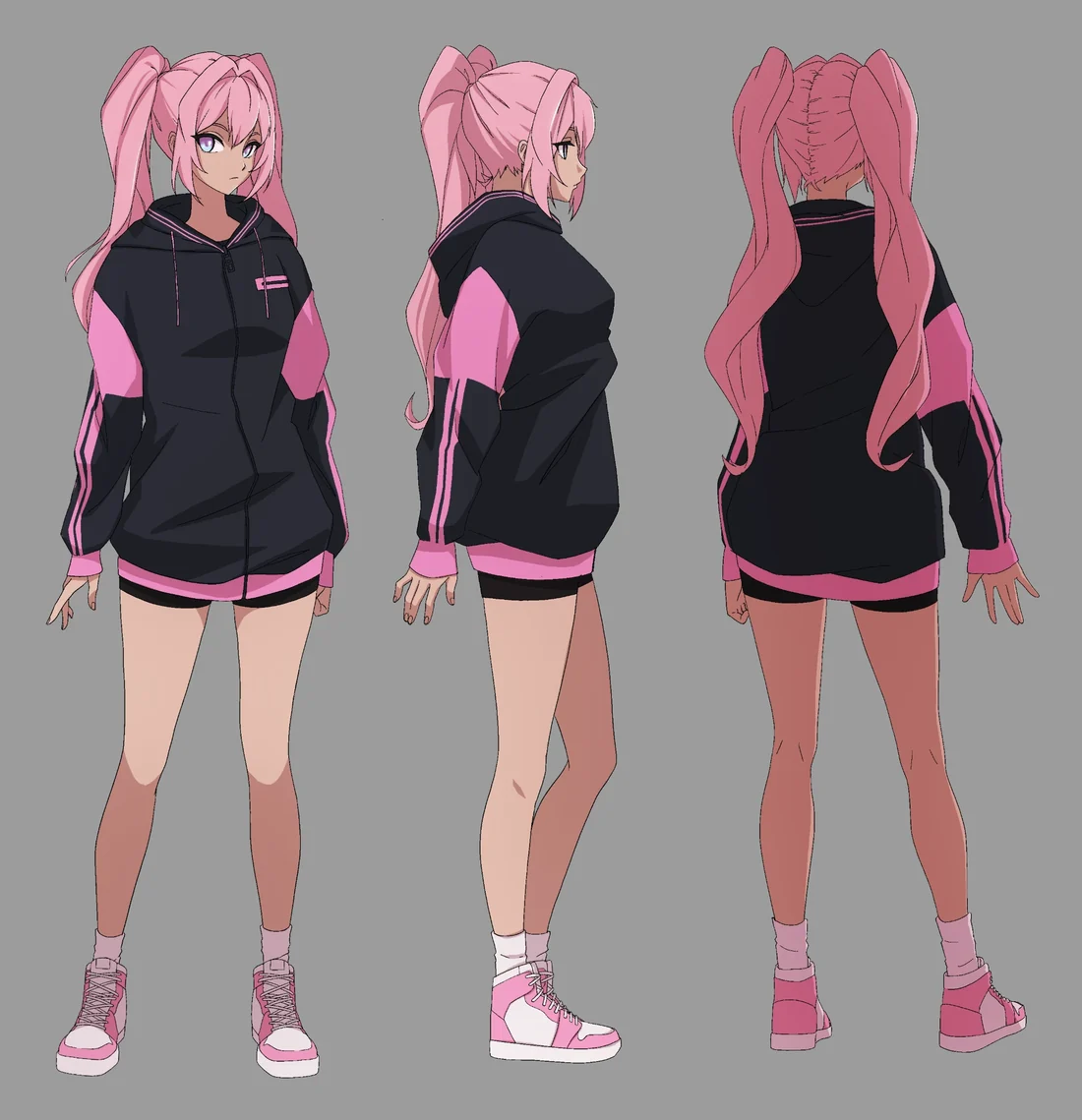 The advert's character sheet: the pink-haired lead in twin tails, a black and pink hooded track jacket, shorts and pink high-top trainers, from the front, side and back.